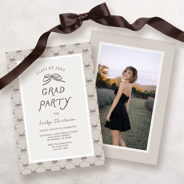 Invitación Cream Taupe Coquette Bow Grad Party (Front and Back View)