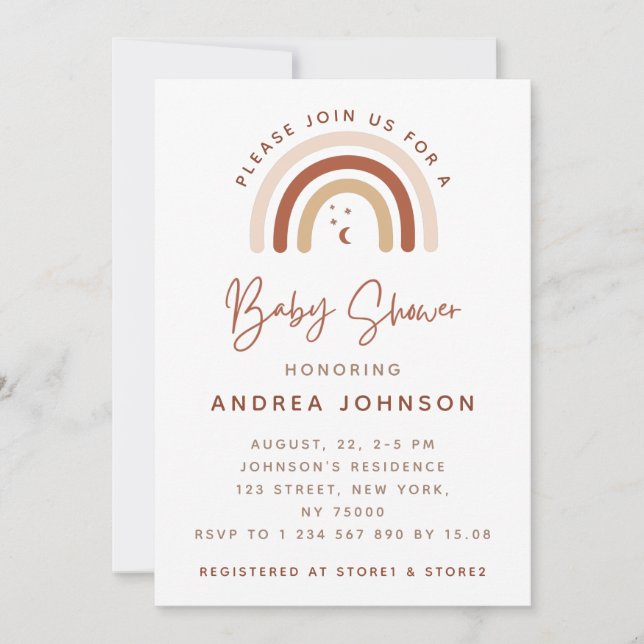 Invitación Cream & Terracotta Boho Arcoiris Luna Baby Shower  (Anverso)
