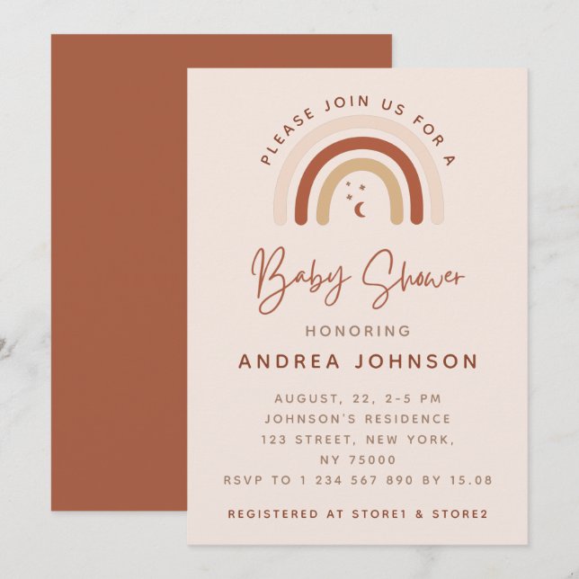 Invitación Cream & Terracotta Boho Rainbow Moon Baby Shower (Anverso / Reverso)