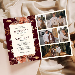 Invitación Cream Terracotta Floral QR Code Burgundy Wedding