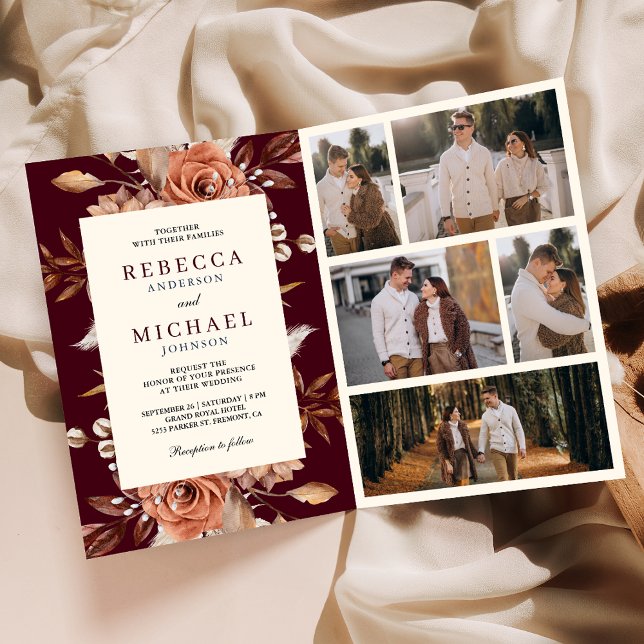 Invitación Cream Terracotta Floral QR Code Burgundy Wedding (Subido por el creador)