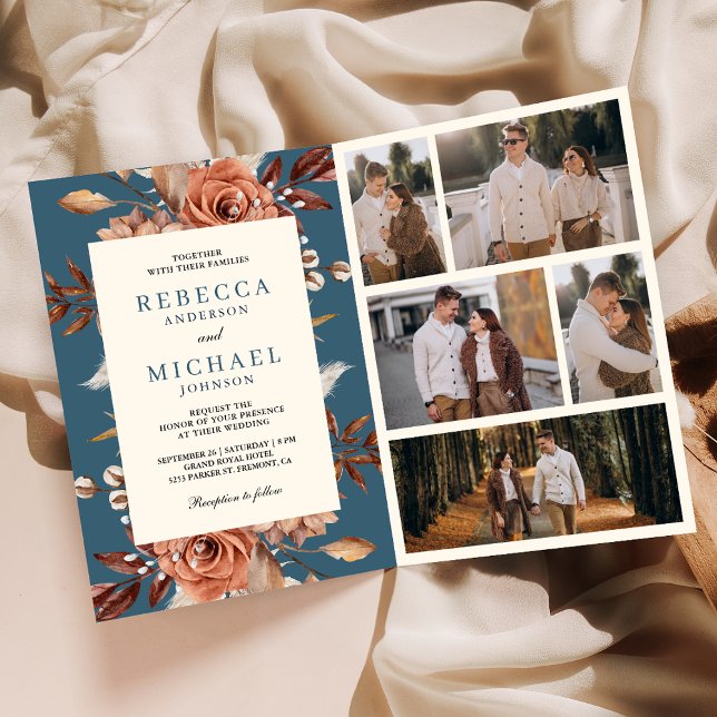 Invitación Cream Terracotta Floral QR Code Dusty Blue Wedding (Subido por el creador)
