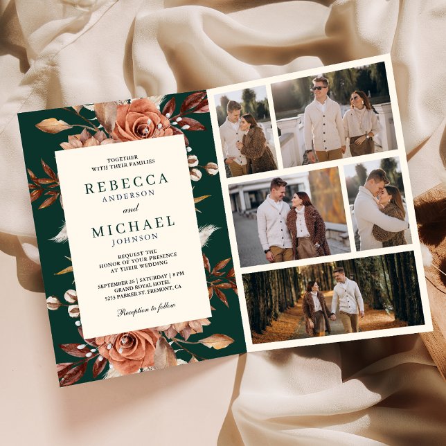 Invitación Cream Terracotta Floral QR Code Emerald Wedding (Subido por el creador)