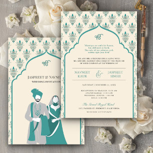 Invitación Cream Verde azulada Punjabi Anand Karaj Sikh Boda