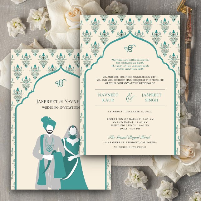 Invitación Cream Verde azulada Punjabi Anand Karaj Sikh Boda (Subido por el creador)