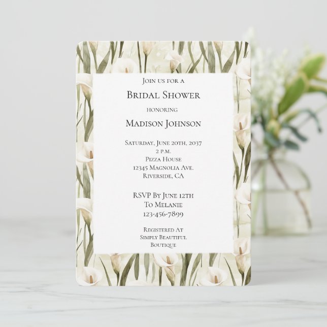 Invitación Cream White Calla Lily Floral Bridal Shower (Anverso de pie)