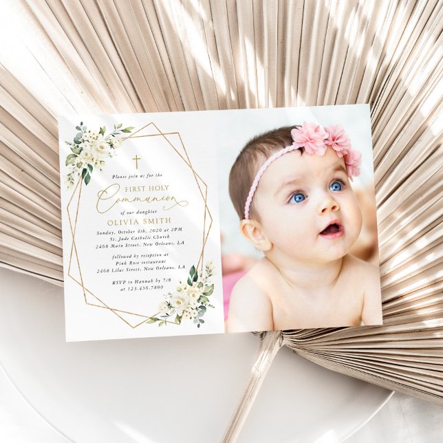 Invitación Cream White Flowers, Boho, First Holy Communion (Subido por el creador)