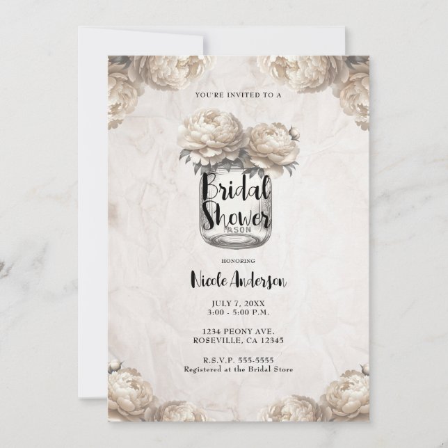 Invitación Cream White Peony Mason Jar Rustic Bridal Shower (Anverso)