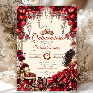 Invitación Cream y Rojo Tiara Floral Dorada Quinceañera