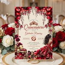 Cream y Rojo Tiara Floral Dorada Quinceañera