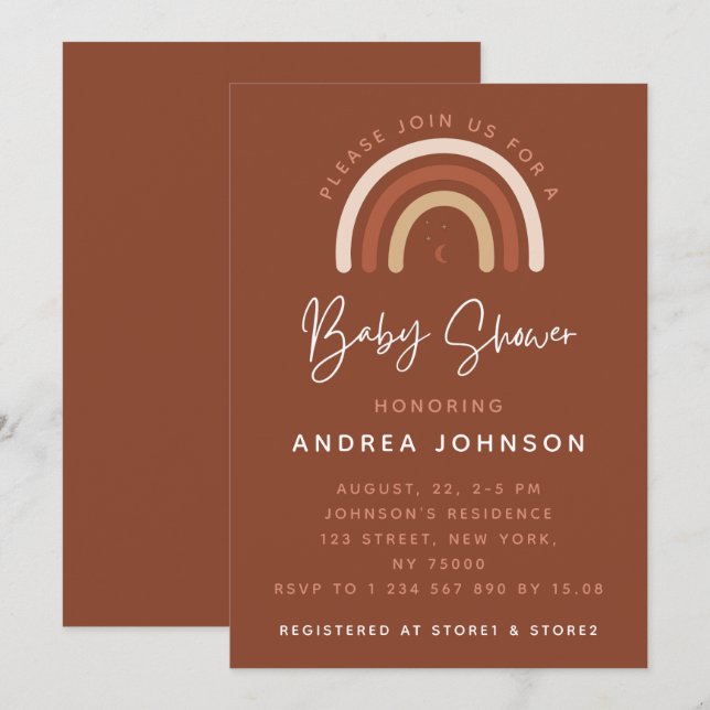 Invitación Cream y Terracotta Boho Rainbow Moon Baby Shower I (Anverso / Reverso)
