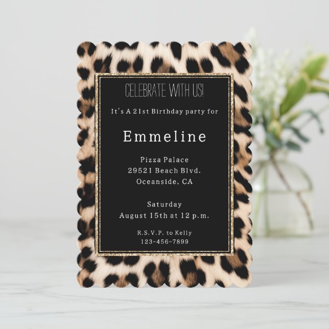 Invitación Creamy Brown Black Leopardo Gold Purpurina (Anverso de pie)