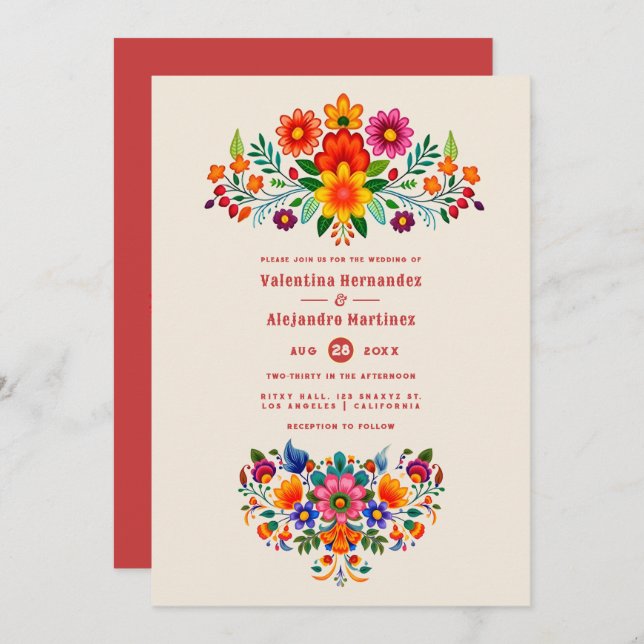 Invitación Creamy Linen & Fiesta Red Folk Art Fiesta Wedding (Anverso / Reverso)