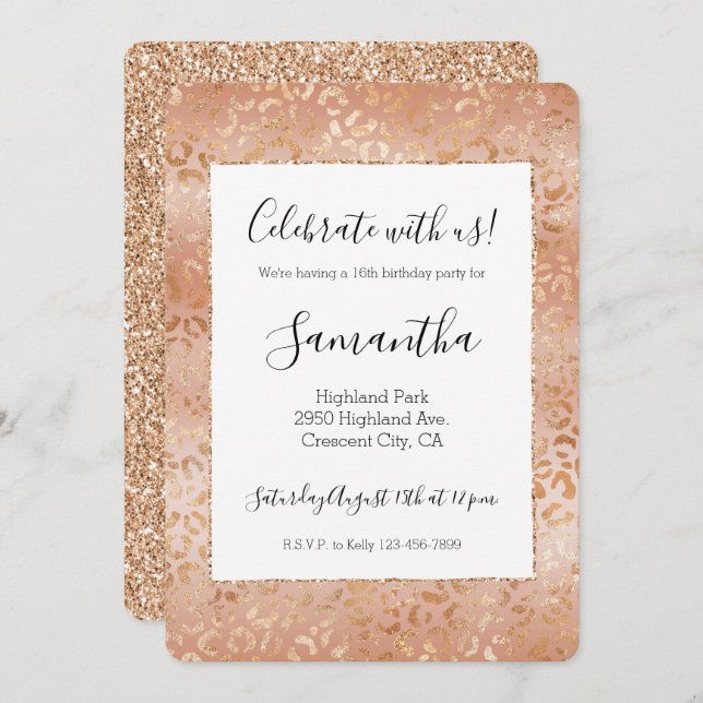 Invitación Creamy Peach Rosa Rubor Leopard Print (Anverso / Reverso)