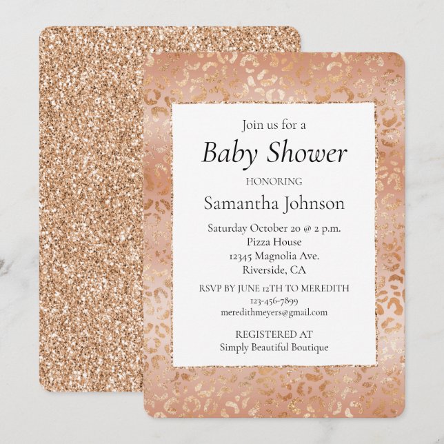 Invitación Creamy Peach Rosa Rubor Leopard Print (Anverso / Reverso)