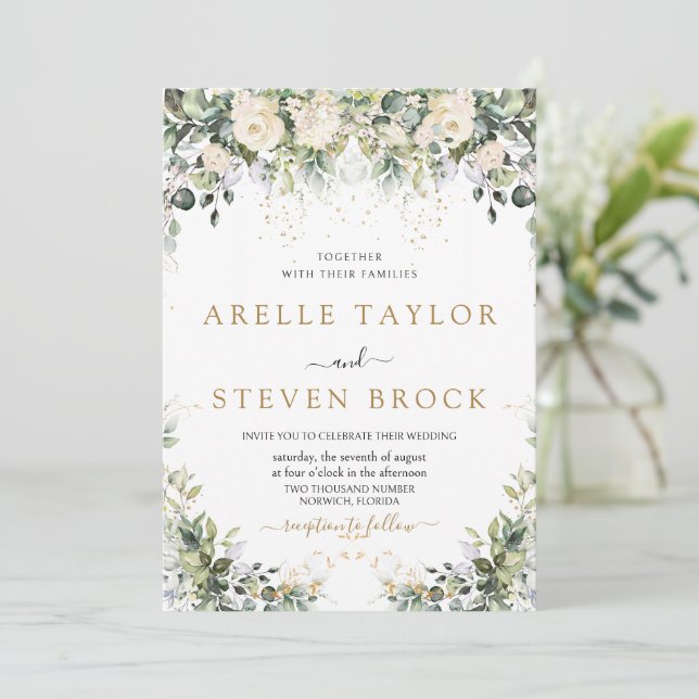 Invitación Creamy Rosa Floral Ivory Greenery Boda (Anverso de pie)