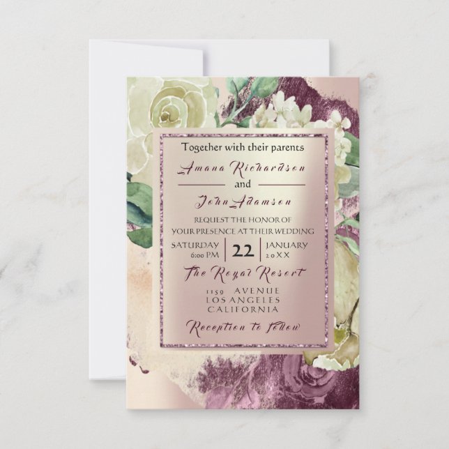 Invitación Creamy rosa Marsala Floral Rubor Boda (Anverso)