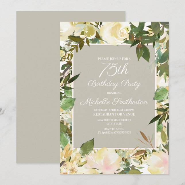 Invitación Creamy White Floral Botánica 75º cumpleaños (Anverso / Reverso)