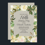 Invitación Creamy White Floral Sage Green 16º cumpleaños<br><div class="desc">Elegante color de agua blanco crema floral con hojas de color verde sabio Invitación a la fiesta de 16 años dulce para chicas. Póngase en contacto con nosotros para obtener ayuda sobre la personalización o para solicitar productos coincidentes.</div>