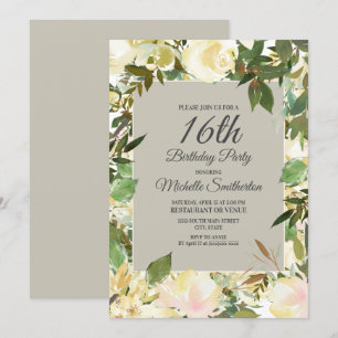 Invitación Creamy White Floral Sage Green 16º cumpleaños