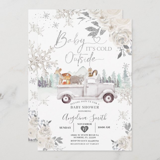 Invitación Creamy White Snowflake Floral Truck Baby Shower (Anverso / Reverso)