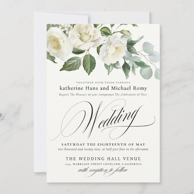 Invitación CreamyFloral Eucalyptus Script Calligraphy Wedding (Anverso)
