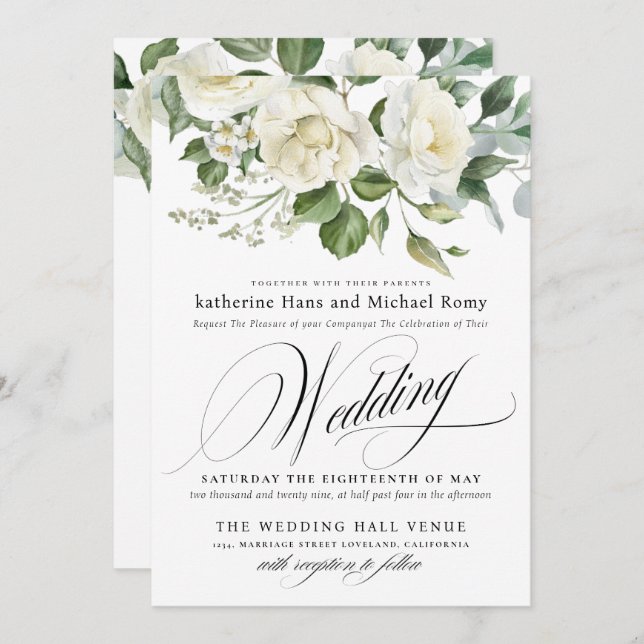 Invitación CreamyFloral Eucalyptus Script Calligraphy Wedding (Anverso / Reverso)