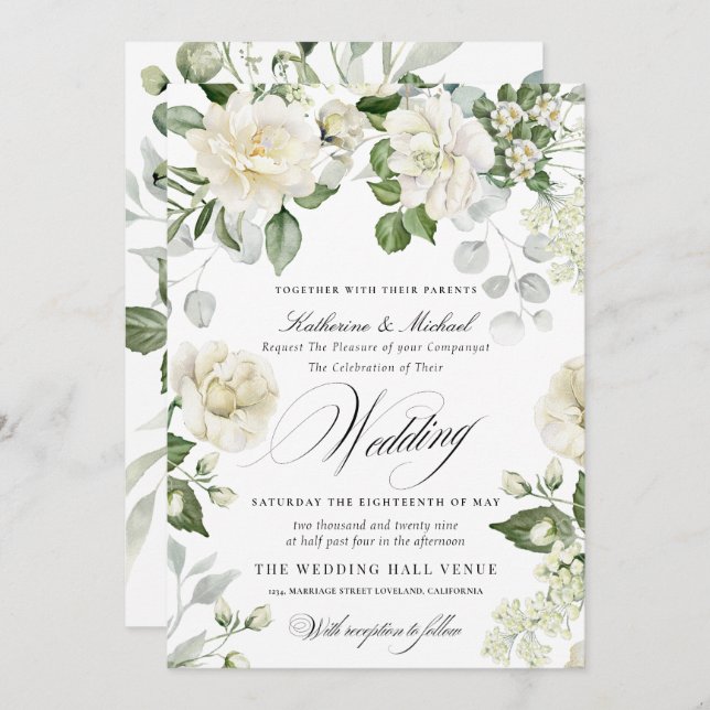 Invitación CreamyFloral Eucalyptus Script Calligraphy Wedding (Anverso / Reverso)