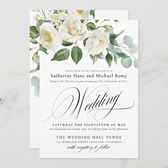 Invitación CreamyFloral Eucalyptus Script Calligraphy Wedding (Anverso / Reverso)