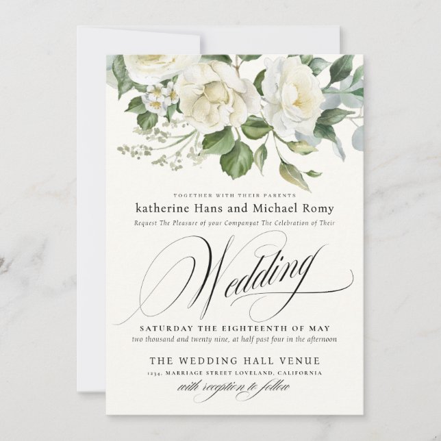 Invitación CreamyFloral Eucalyptus Script Calligraphy Wedding (Anverso)