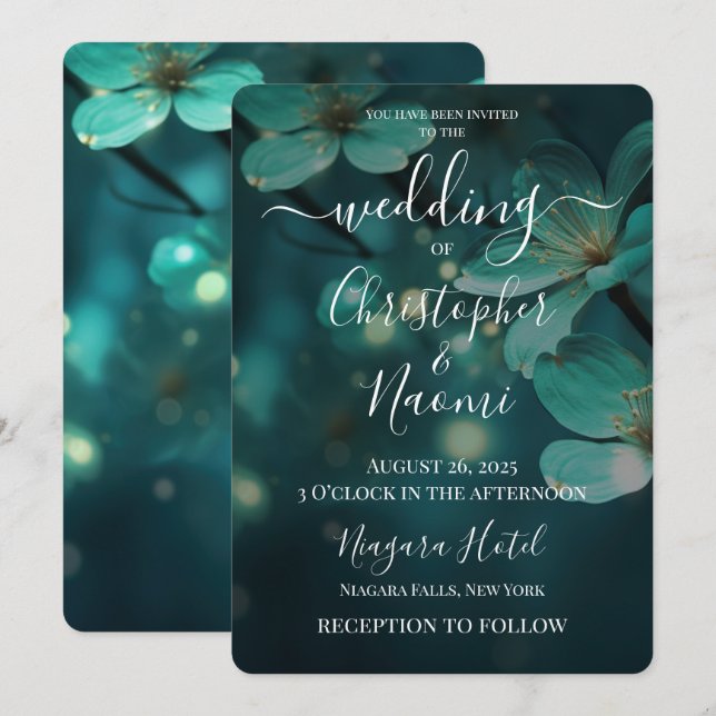 Invitación Crear su propio Boda de flores y luces Verde azula (Anverso / Reverso)