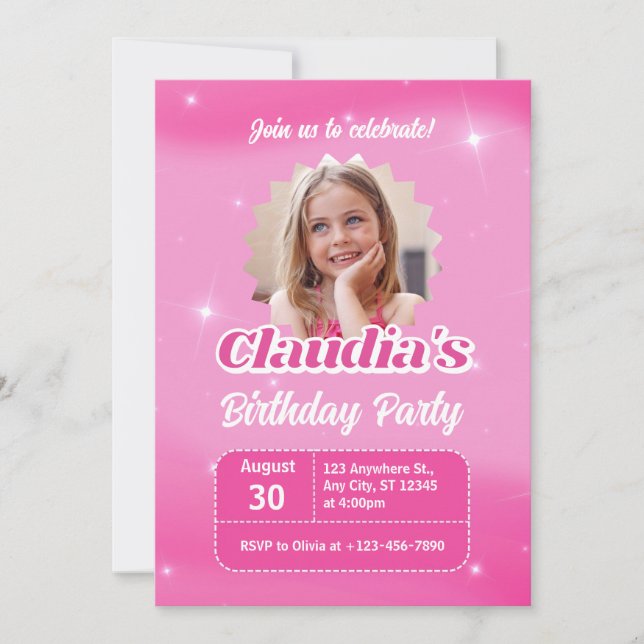 Invitación Create your own Photo Pink Girls Birthday Party  (Anverso)