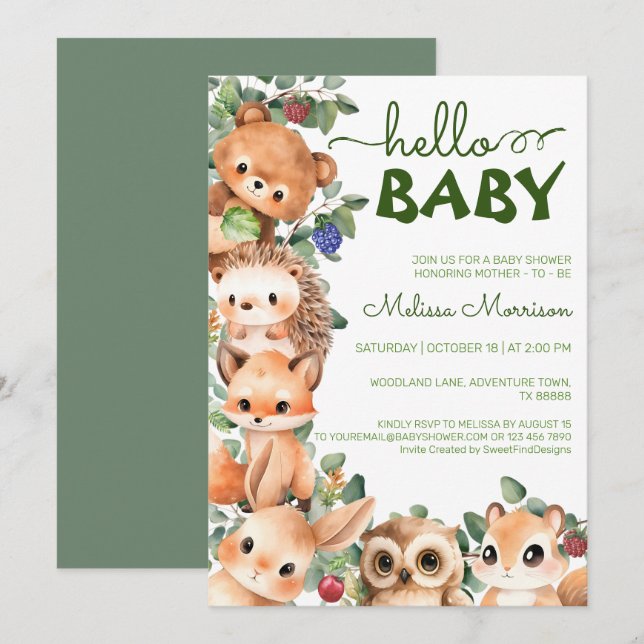 Invitación Creaturas de Woodland Hola Bebé (Anverso / Reverso)