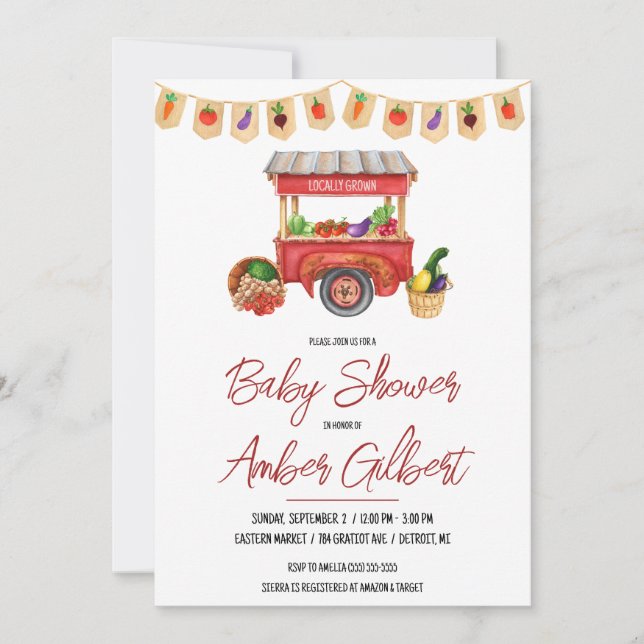 Invitación Crece localmente, Baby Shower del mercado de granj (Anverso)