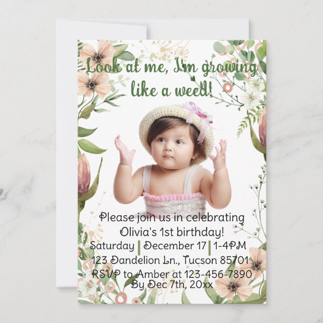 Invitación Crecer como una hierba, chica primer cumpleaños, (Anverso)