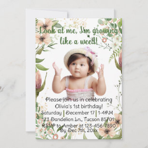 Invitación Crecer como una hierba, chica primer cumpleaños,