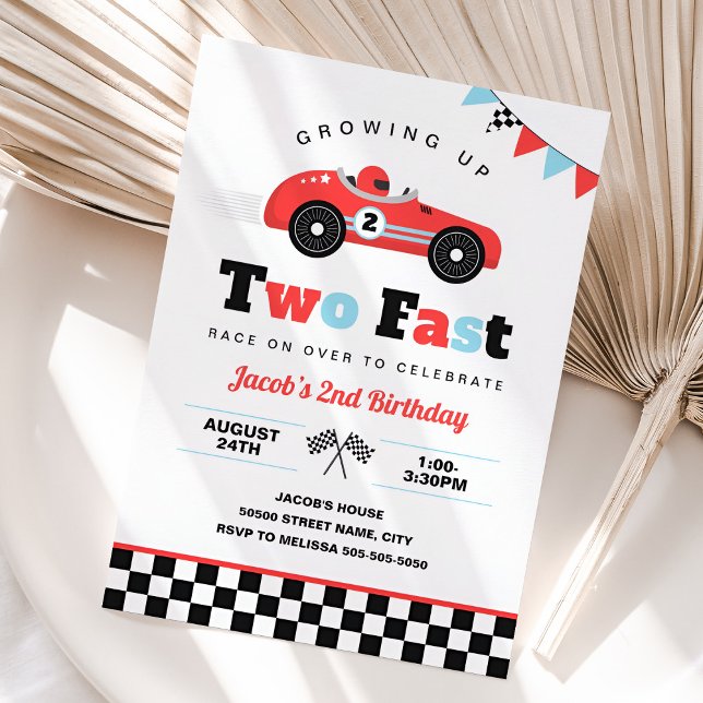 Invitación Crecer dos coches de carrera rápida segundo cumple (Two Fast Race Car Birthday Invitation)