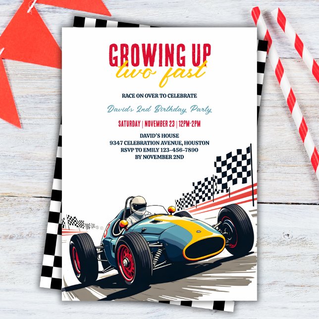 Invitación Crecer dos coches de carreras rápidas Segundo cump (Growing Up Two Fast Race Car Boy 2nd Birthday Invitation)