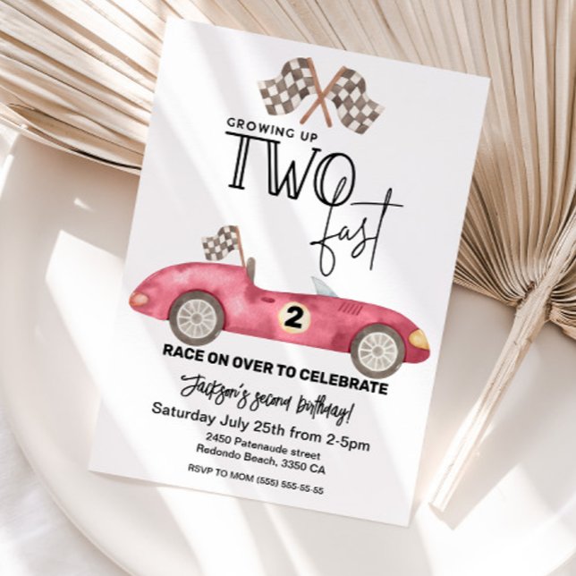 Invitación Crecer DOS coches de carreras rojas rápido 2º cump (Growing up TWO FAST birthday invitation, Red race car 2nd birthday)