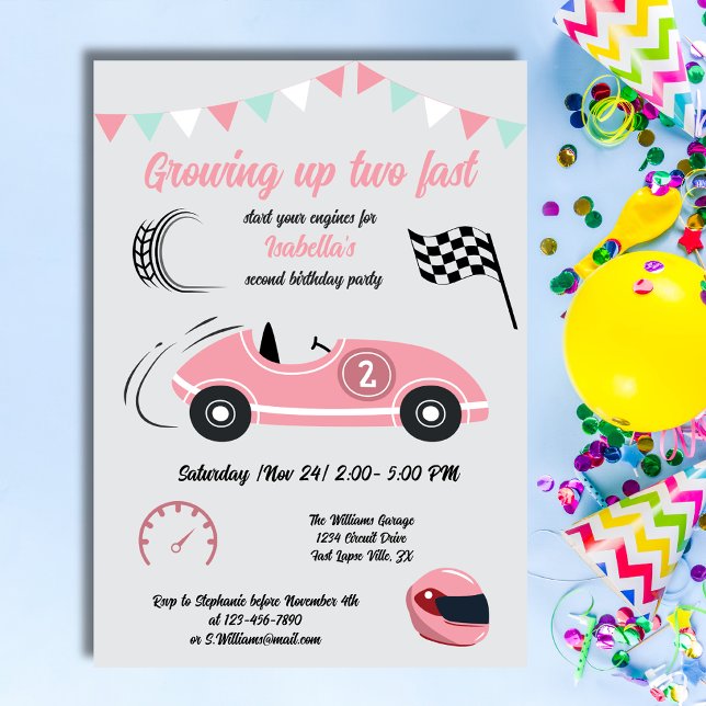 Invitación Crecer dos coches de carreras rosadas festividades (Subido por el creador)