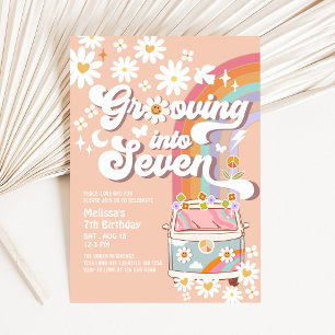 Invitación Crecer en SIETE Daisy Rainbow sétimo cumpleaños