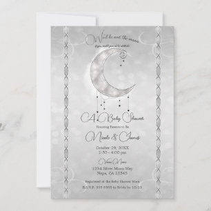 Invitación Creciente Luna Blanca Plateada y Estrellas Baby Sh