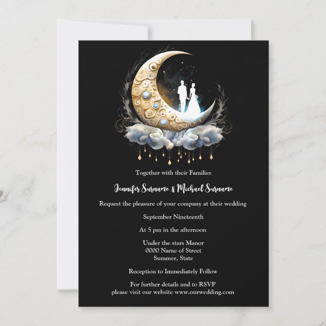 Invitación Creciente luna celestial azul blanco negro pareja  (Anverso)