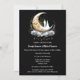 Invitación Creciente luna celestial azul blanco negro pareja
