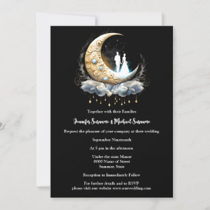 Invitación Creciente luna celestial azul blanco negro pareja 