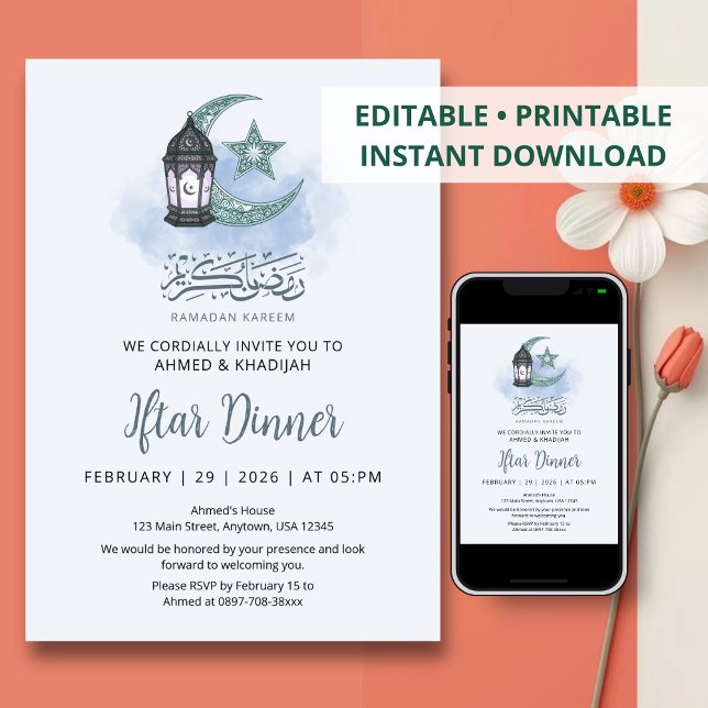 Invitación Creciente Luna y Linterna Elegantes Iftar de Ramad (Subido por el creador)
