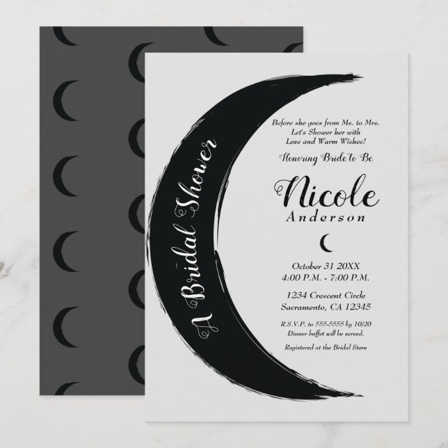 Invitación Creciente Negro Luna Oscura Celestial Despedida de (Anverso / Reverso)