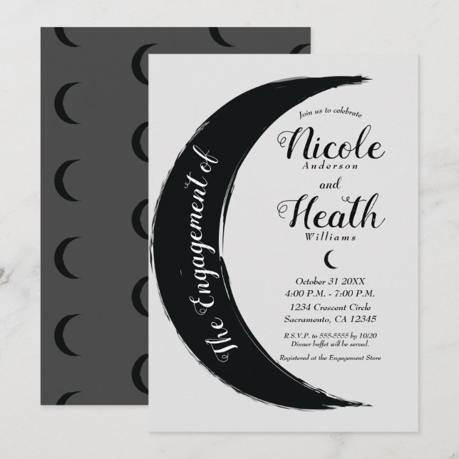 Invitación Creciente Negro Luna Oscura Gris Compromiso Ducha (Anverso / Reverso)
