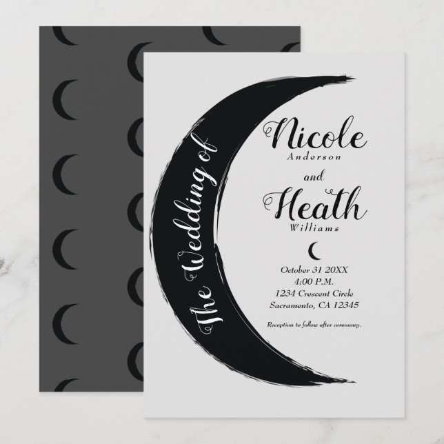 Invitación Creciente Negro Luna Oscura Noche Celestial Boda (Anverso / Reverso)