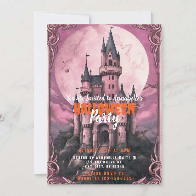 Invitación Creepe Castle Full Moon Pink Sky Halloween Party (Anverso)